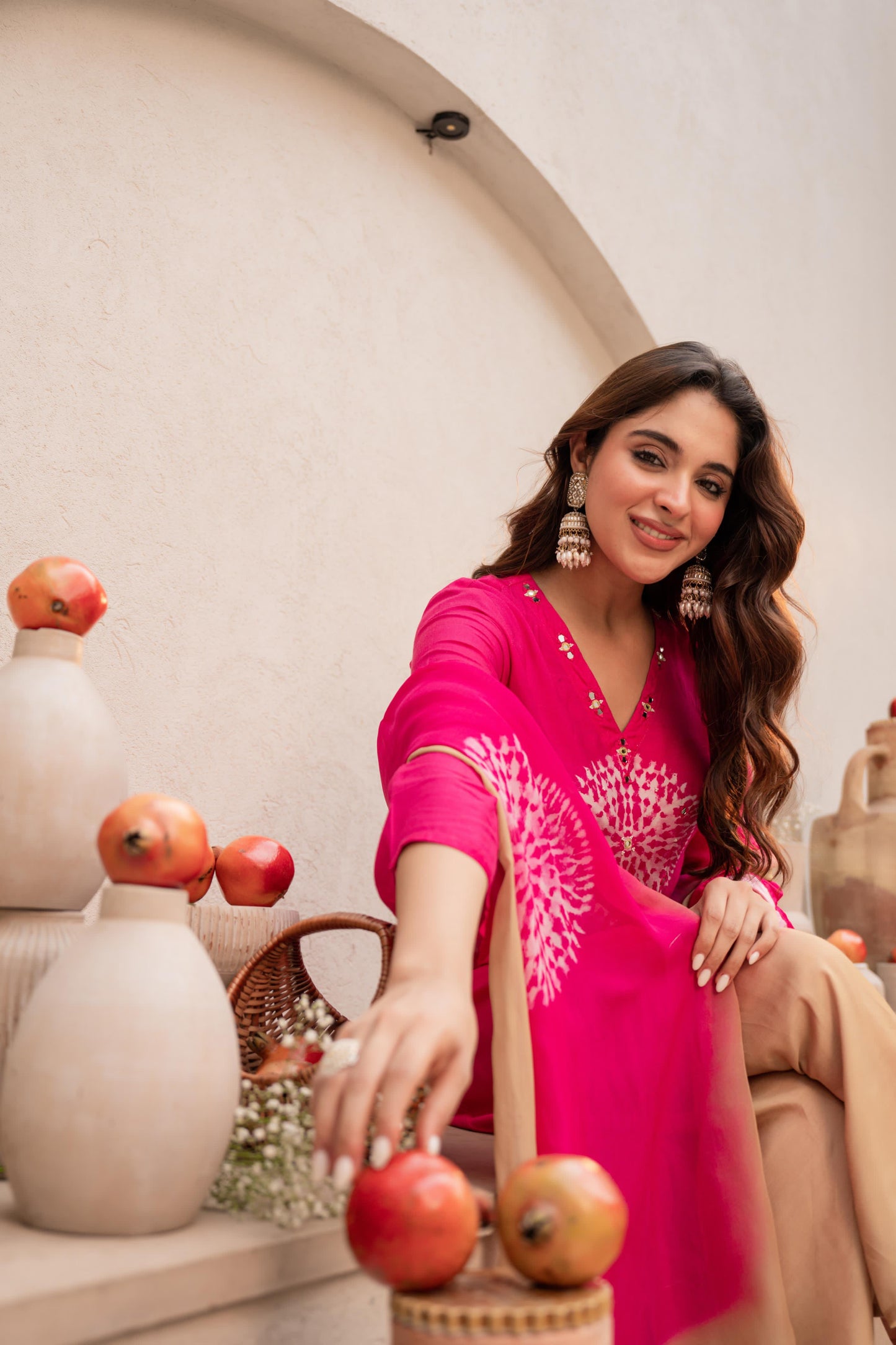 Magenta pure mul silk with block print designer three piece set (A464)