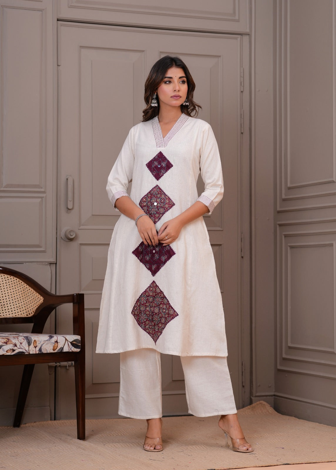 Off white with applique work two piece cordset (P2082)