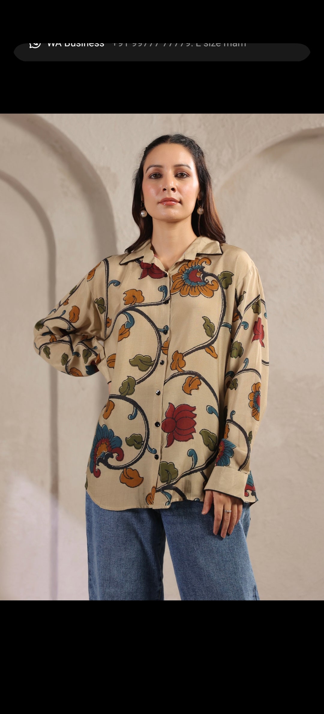 Ivory kalamkari shirt low high pattern (A961)