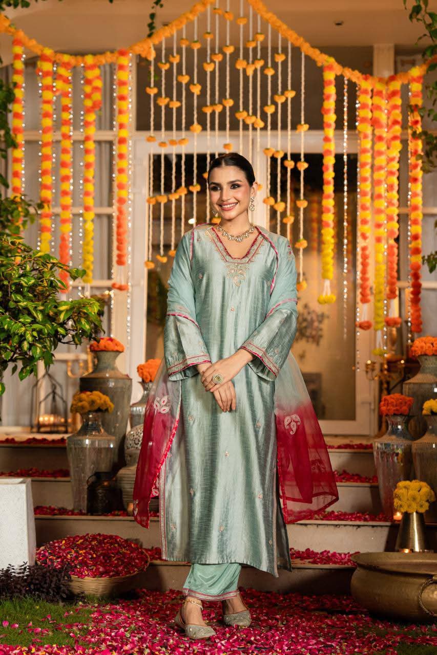 Blue pure dola silk three piece set (A1097)