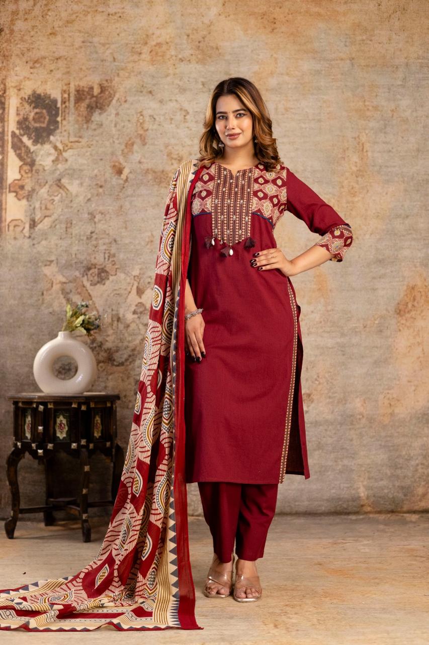 Mahroon pure cotton three piece set (P2074)