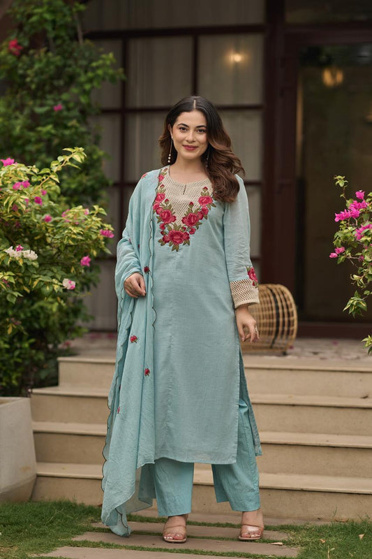 Crush cotton fully thread work three piece set (C270)