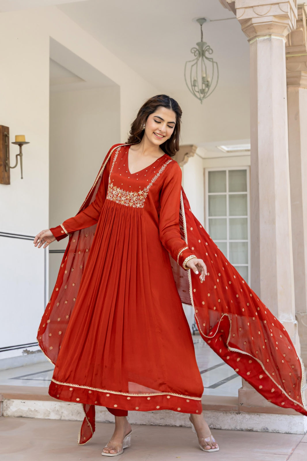Brunt orange pure chinnon with zari work three piece set (P2054)
