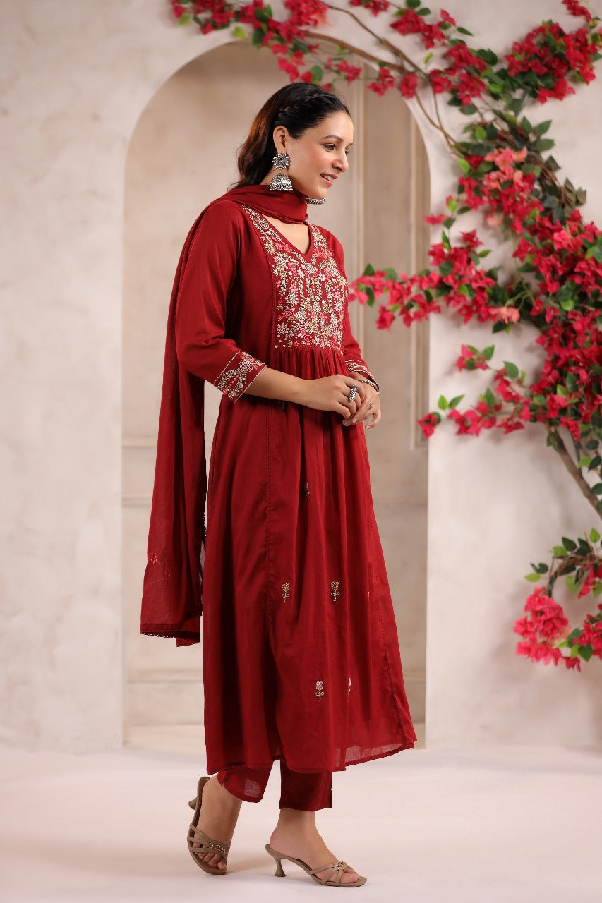 Mahroon mul cotton with lining full thread work three piece set (A433)