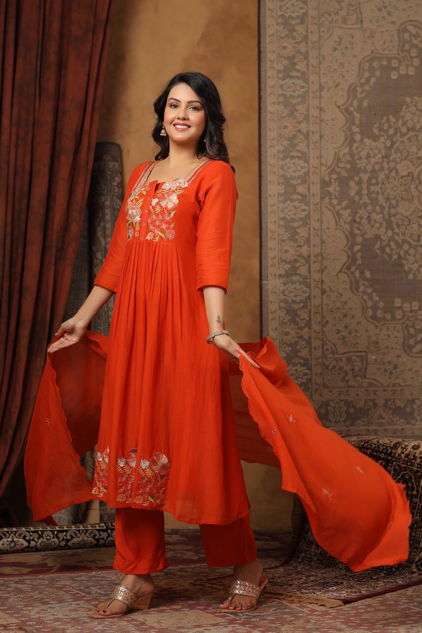 Orange mul chanderi with thread work three piece set (P2013)