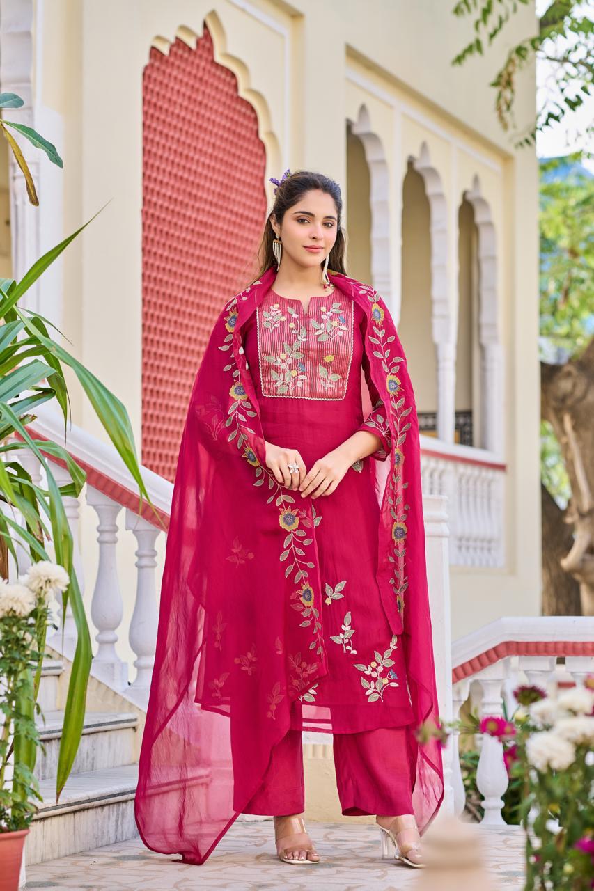 Soft organza with applique work three piece set (B443)