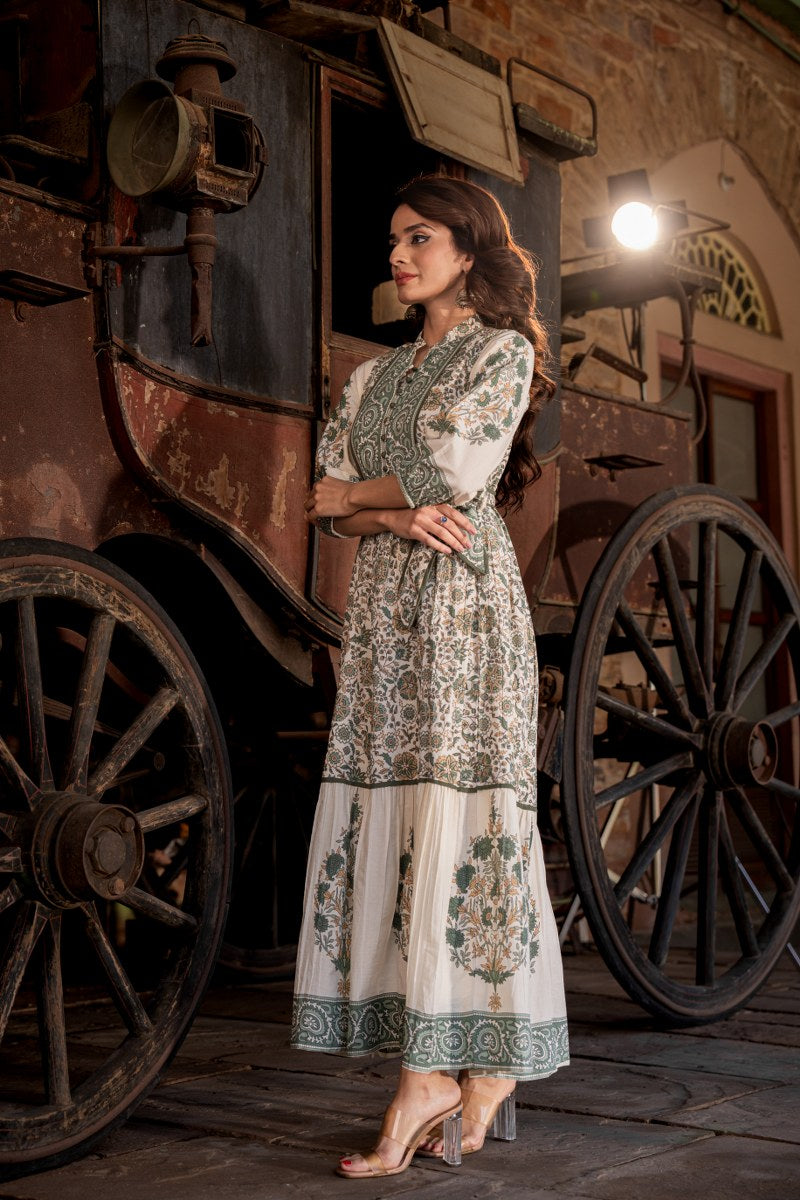 Sea green block print pure cotton with lining one piece dress