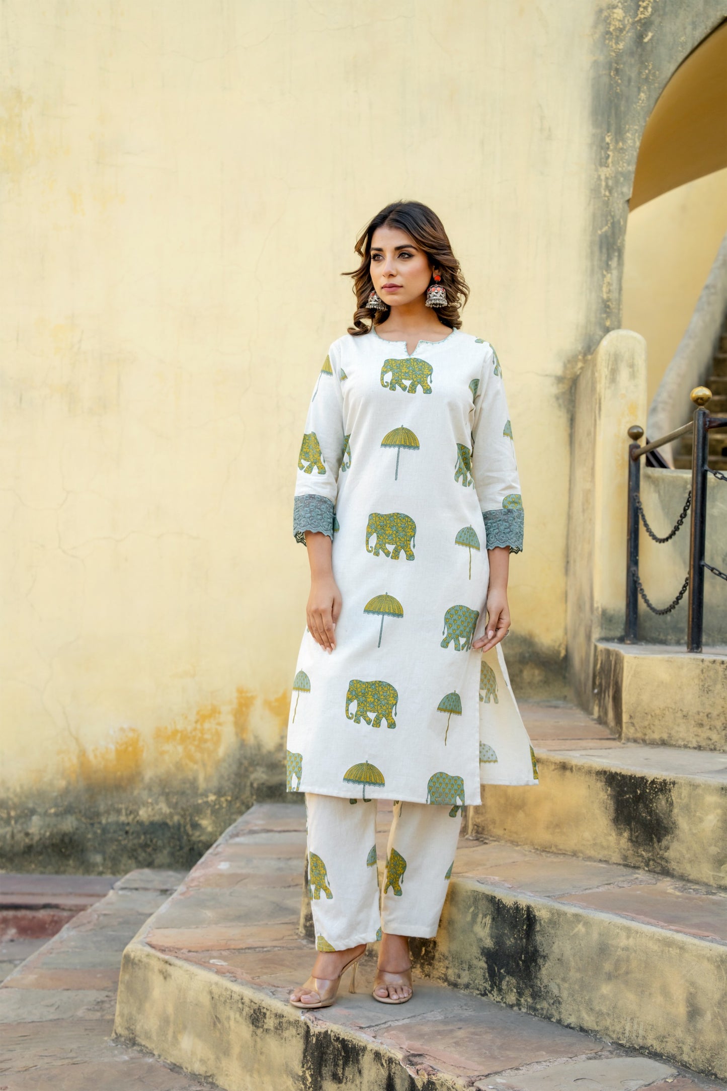 White with green linen cotton two piece cordset (P1980)