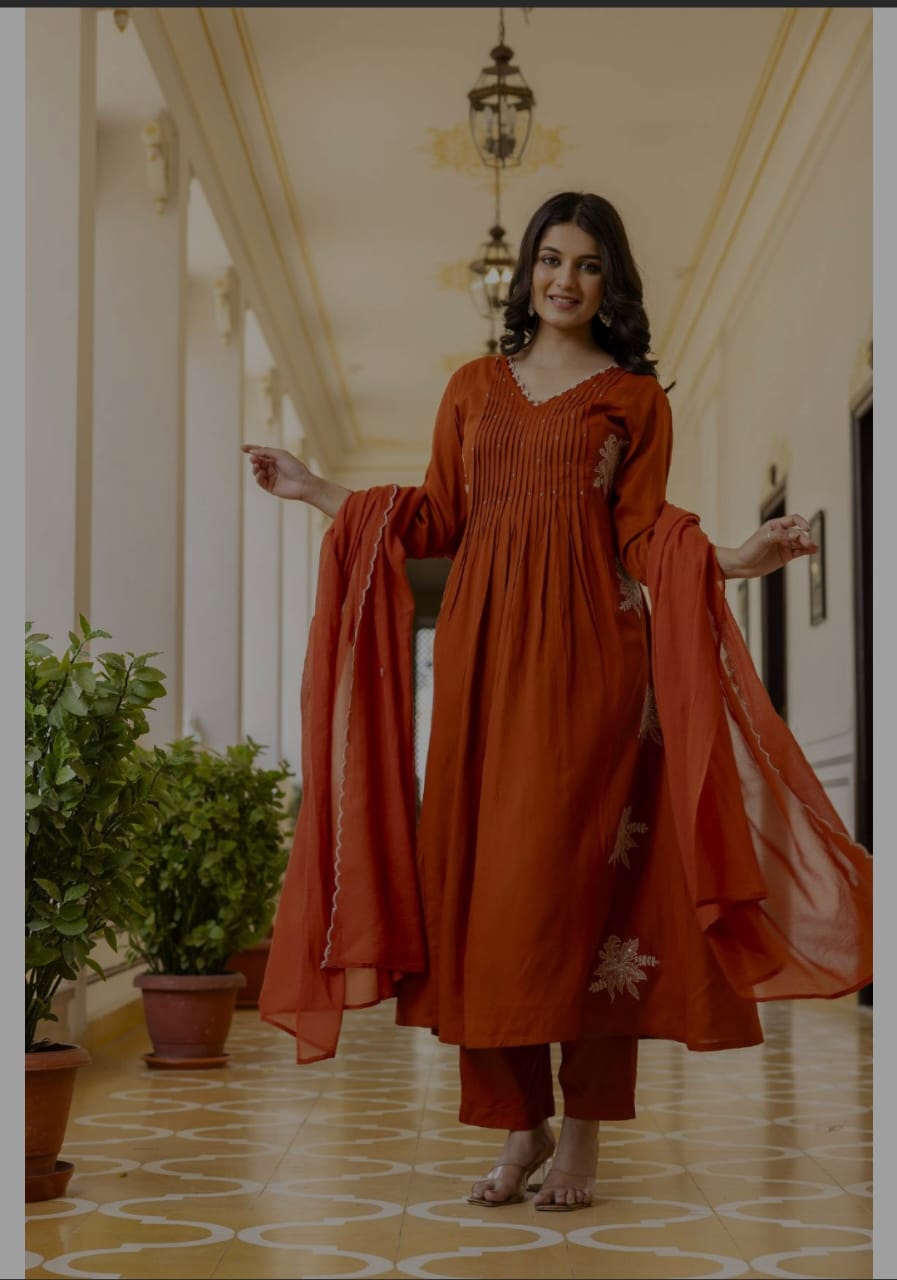Bright orange thread work heavy cotton rayon three set(P2071)
