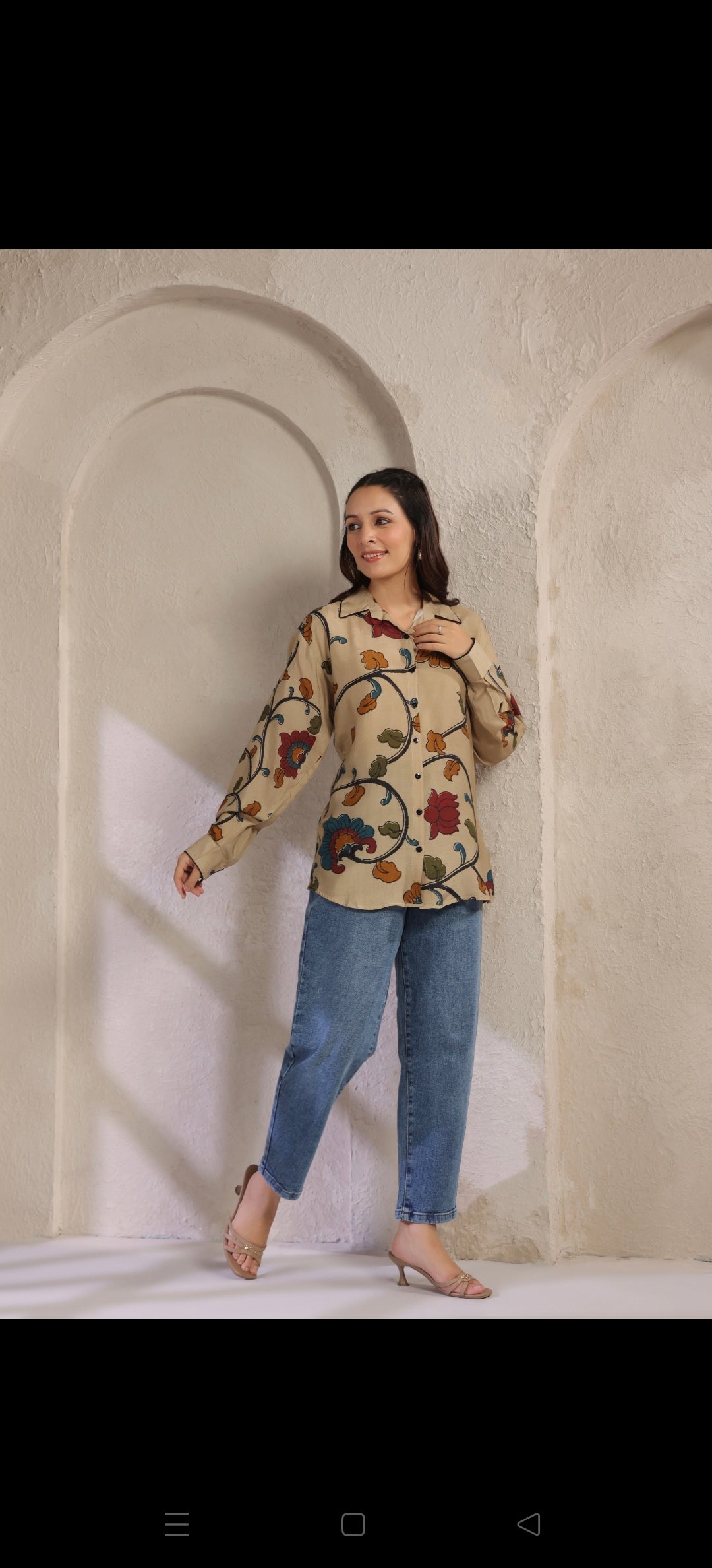 Ivory kalamkari shirt low high pattern (A961)