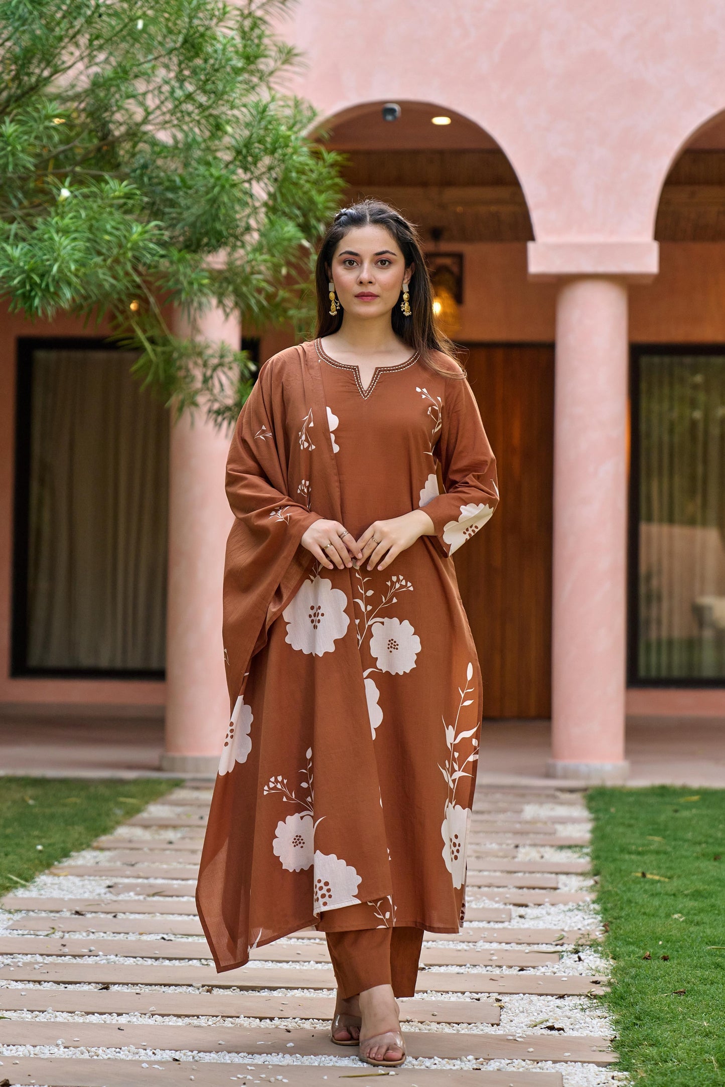 Brown pure cotton digital print three piece set (A437)