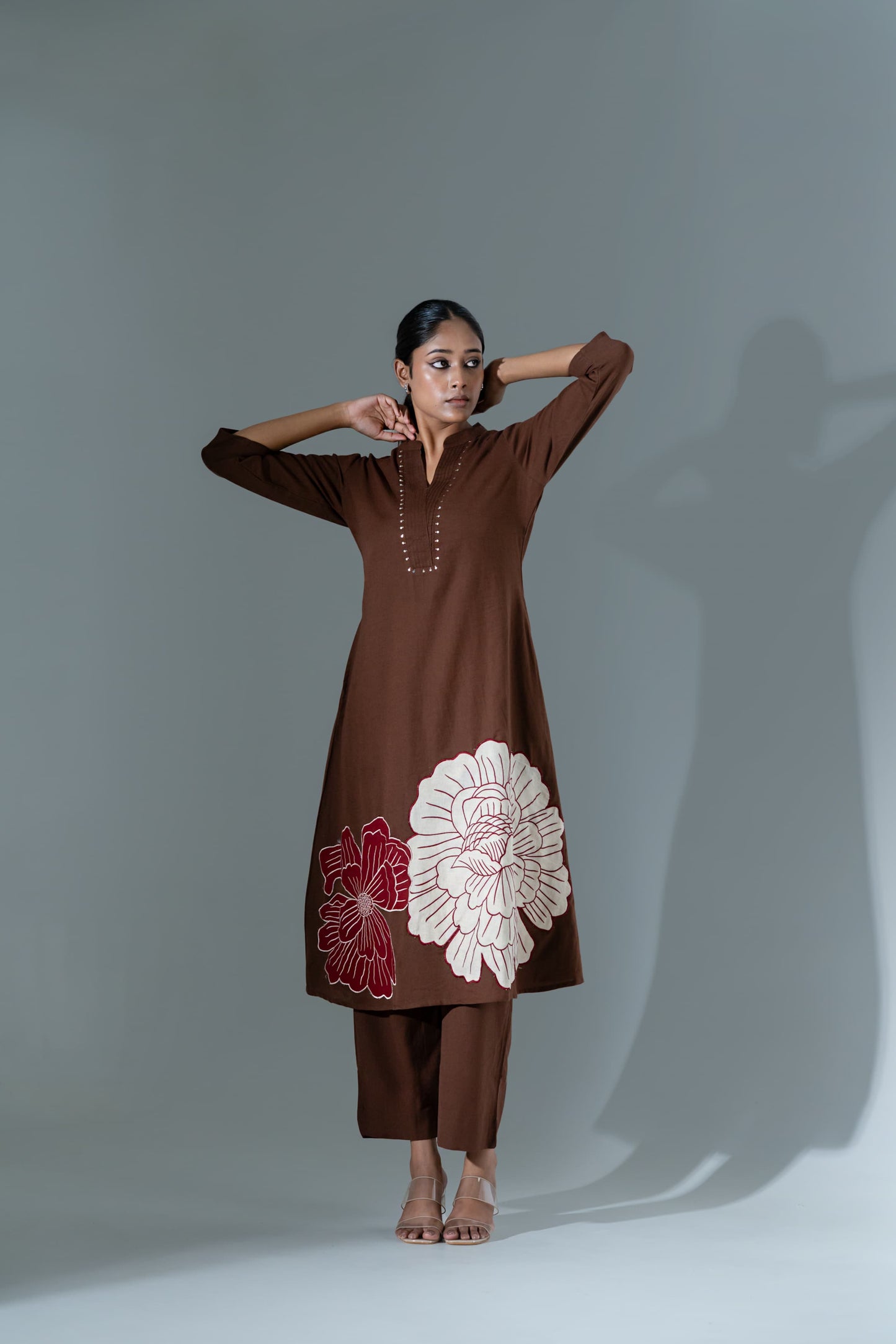 Brown pure cotton with applique work two piece cordset (A697)