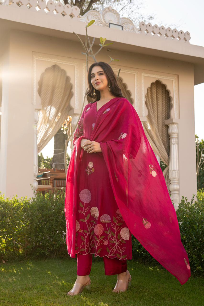Wine pure mul chanderi with mul lining full thread work pakistani sleeves three piece set (P2164)