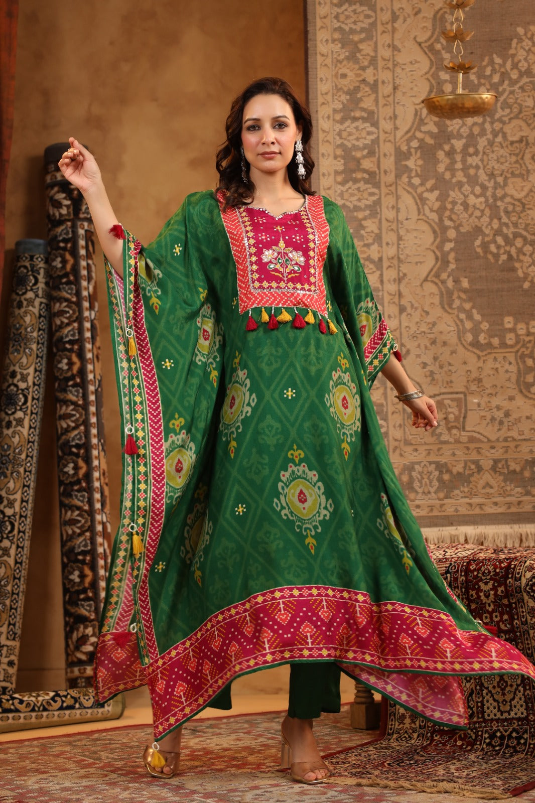 Pure muslin patola print loose fit upto 46 size kaftan set (B971)