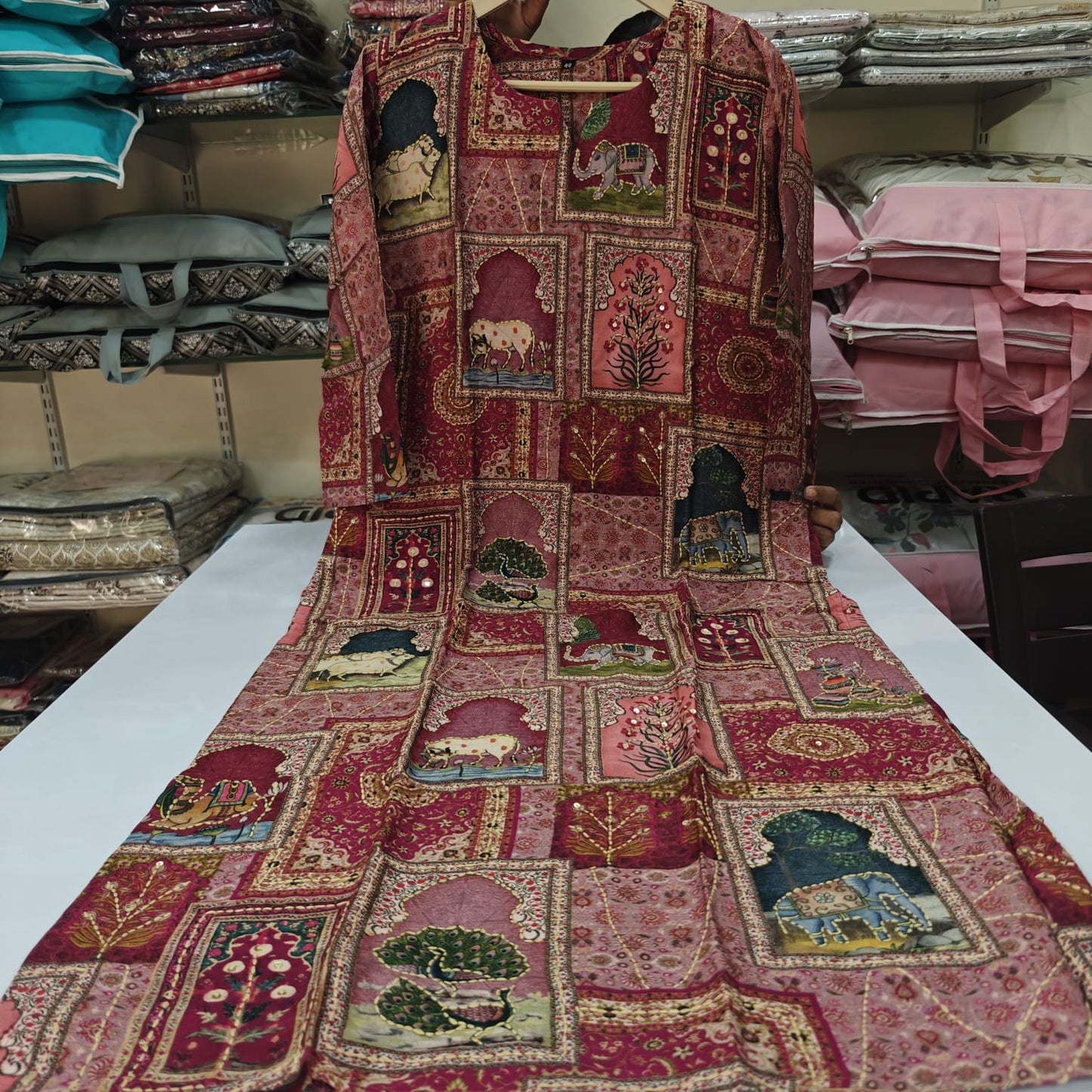 Pink cotton muslin full katha work pichwai work two piece set (P2119)