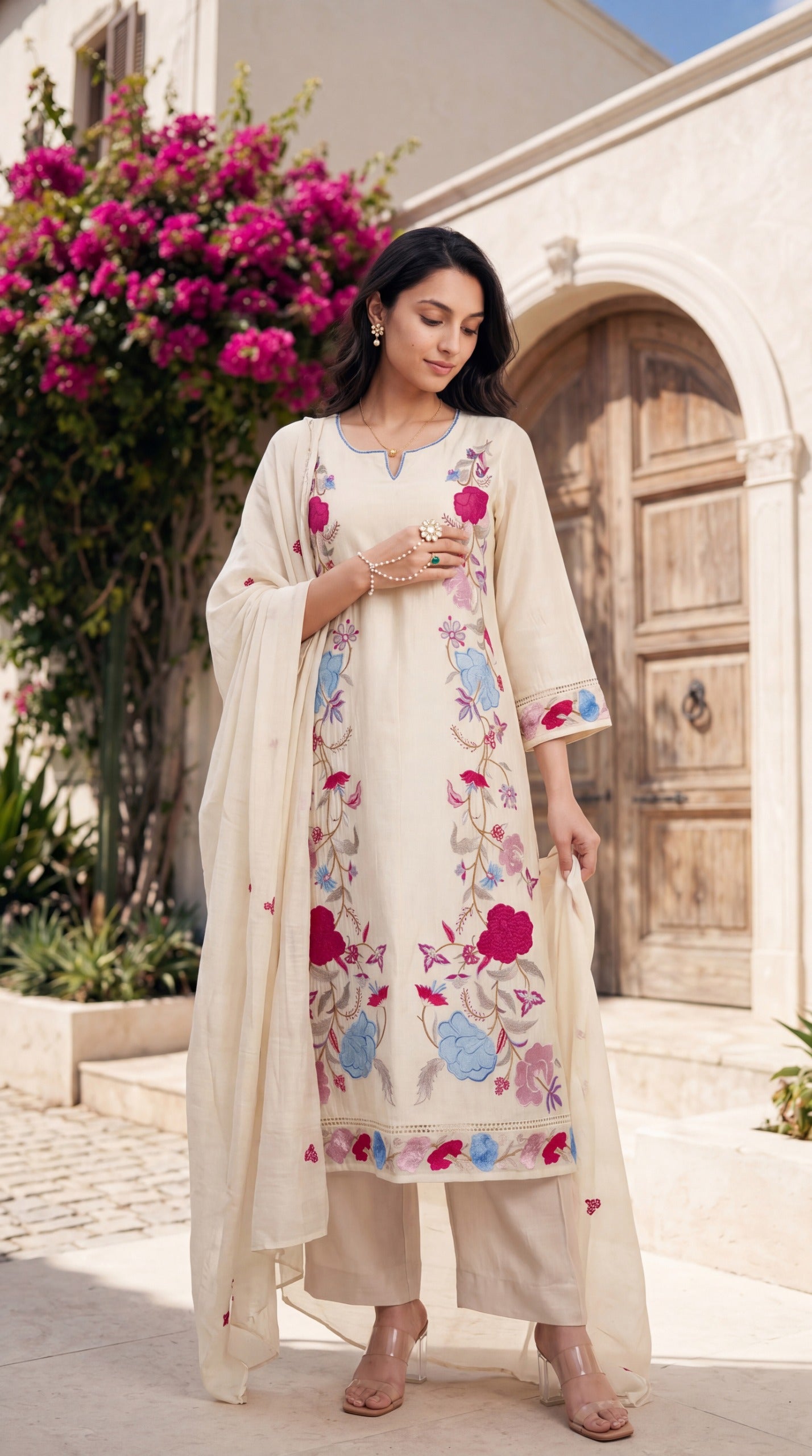 Soft crush chanderi full thread work three piece set (B781)