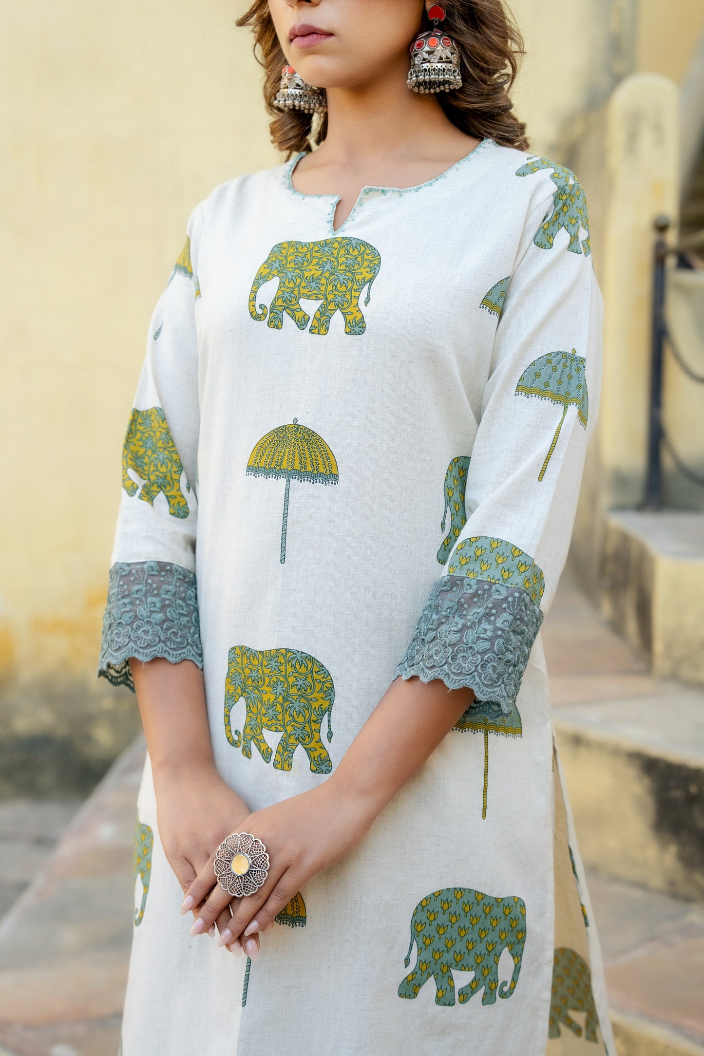 White with green linen cotton two piece cordset (P1980)