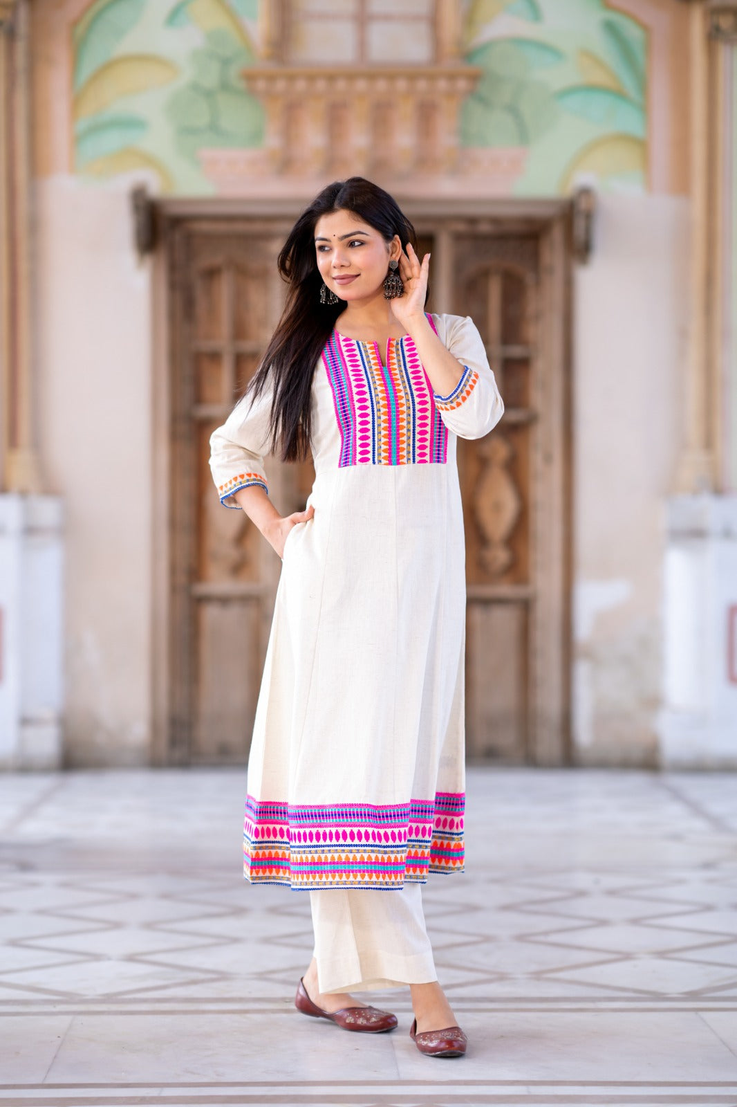 Designer off white A line multicolored embroidery two piece cordset (A243)