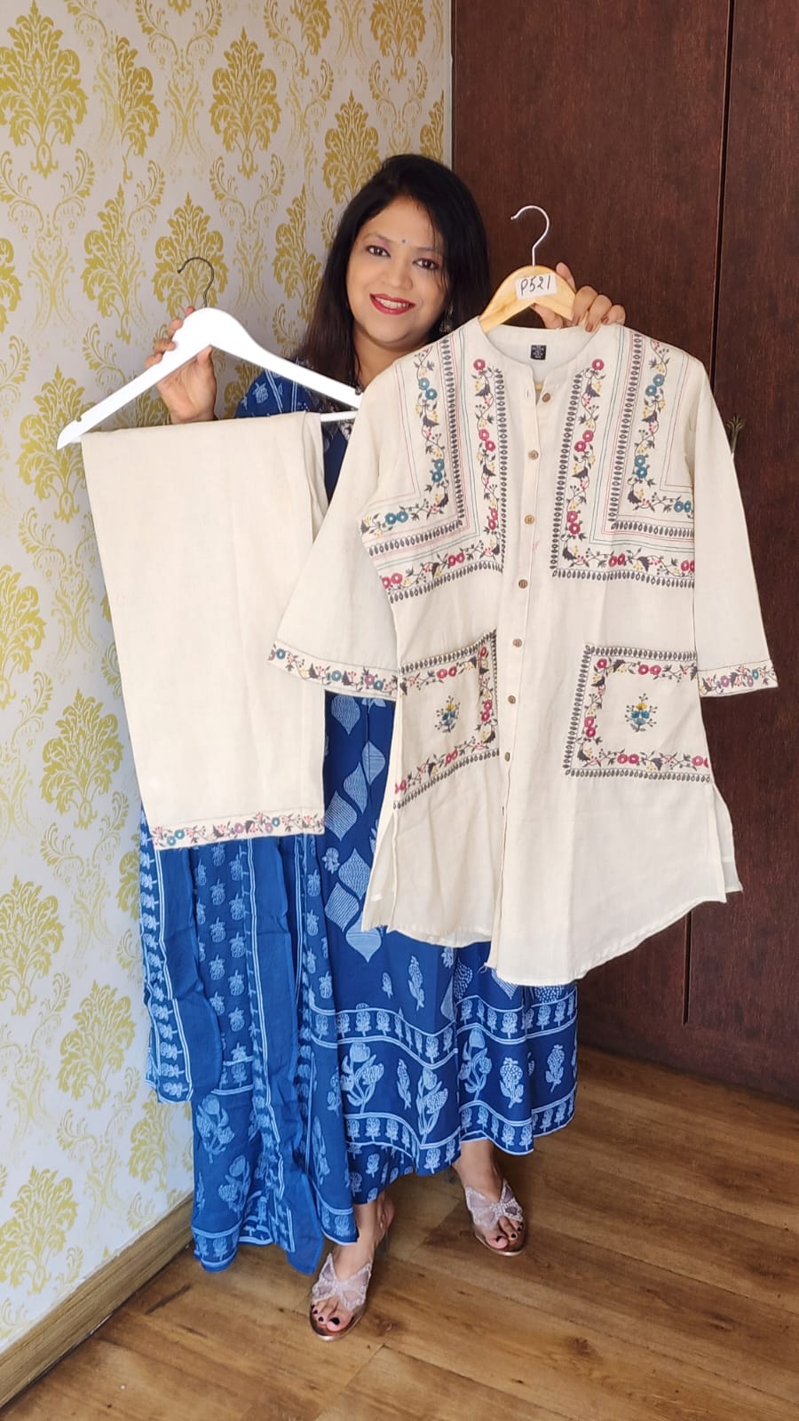 Off white fully thread work two piece cordset (P1944)