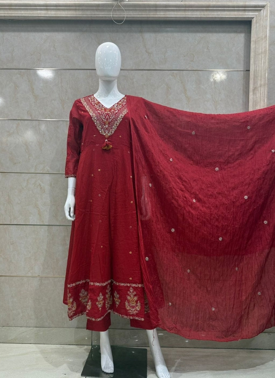 Mahroon Angrakha mul cotton three piece set (A1022)