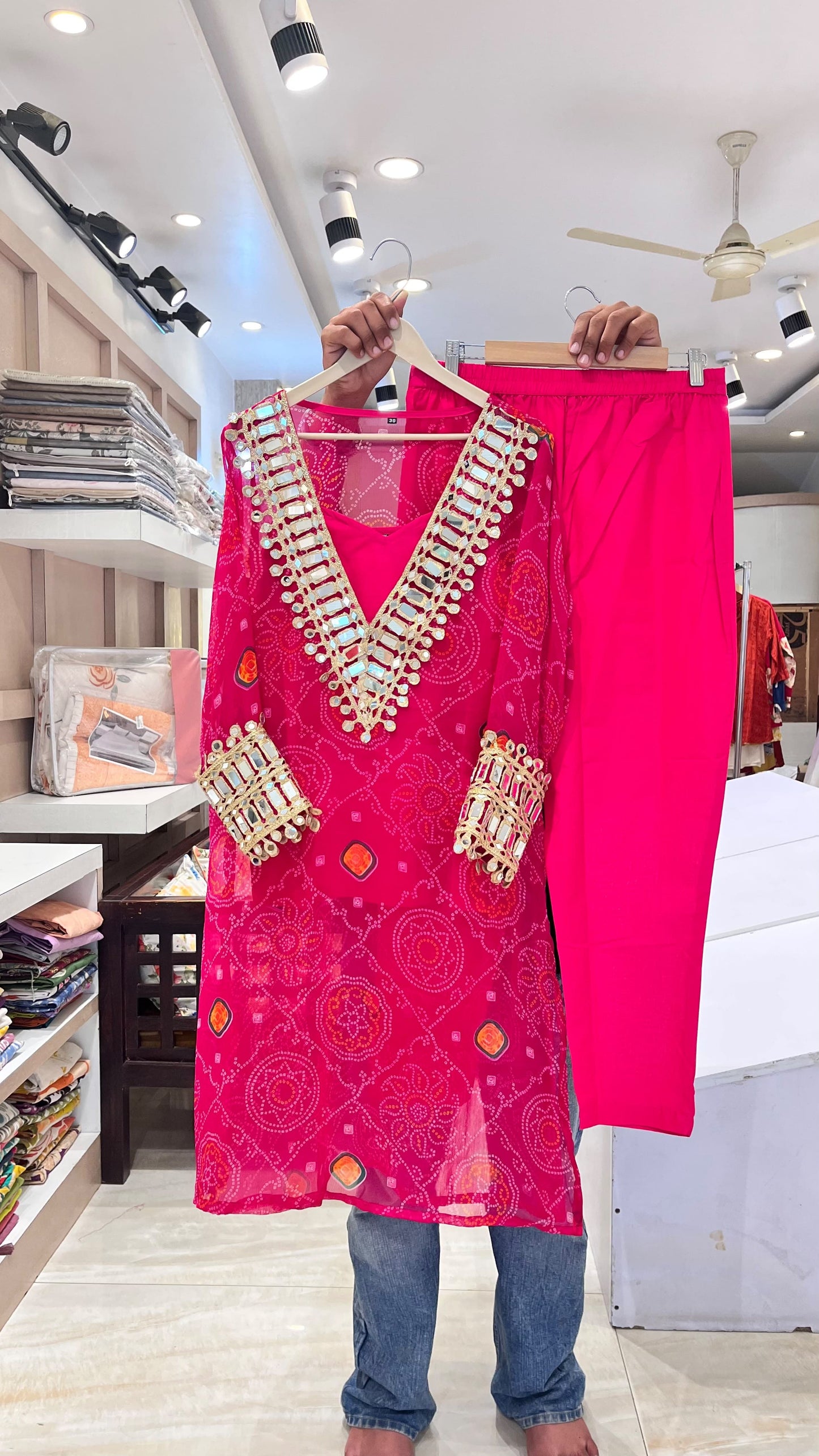 Chiffon bandhani bustier co-ord set with real mirror work and cotton pant (S220)