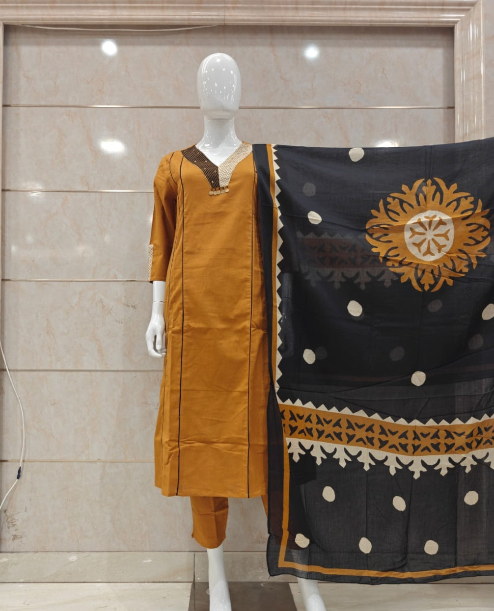 Pure cotton mustred colour with printed dupatta three piece set (B941)