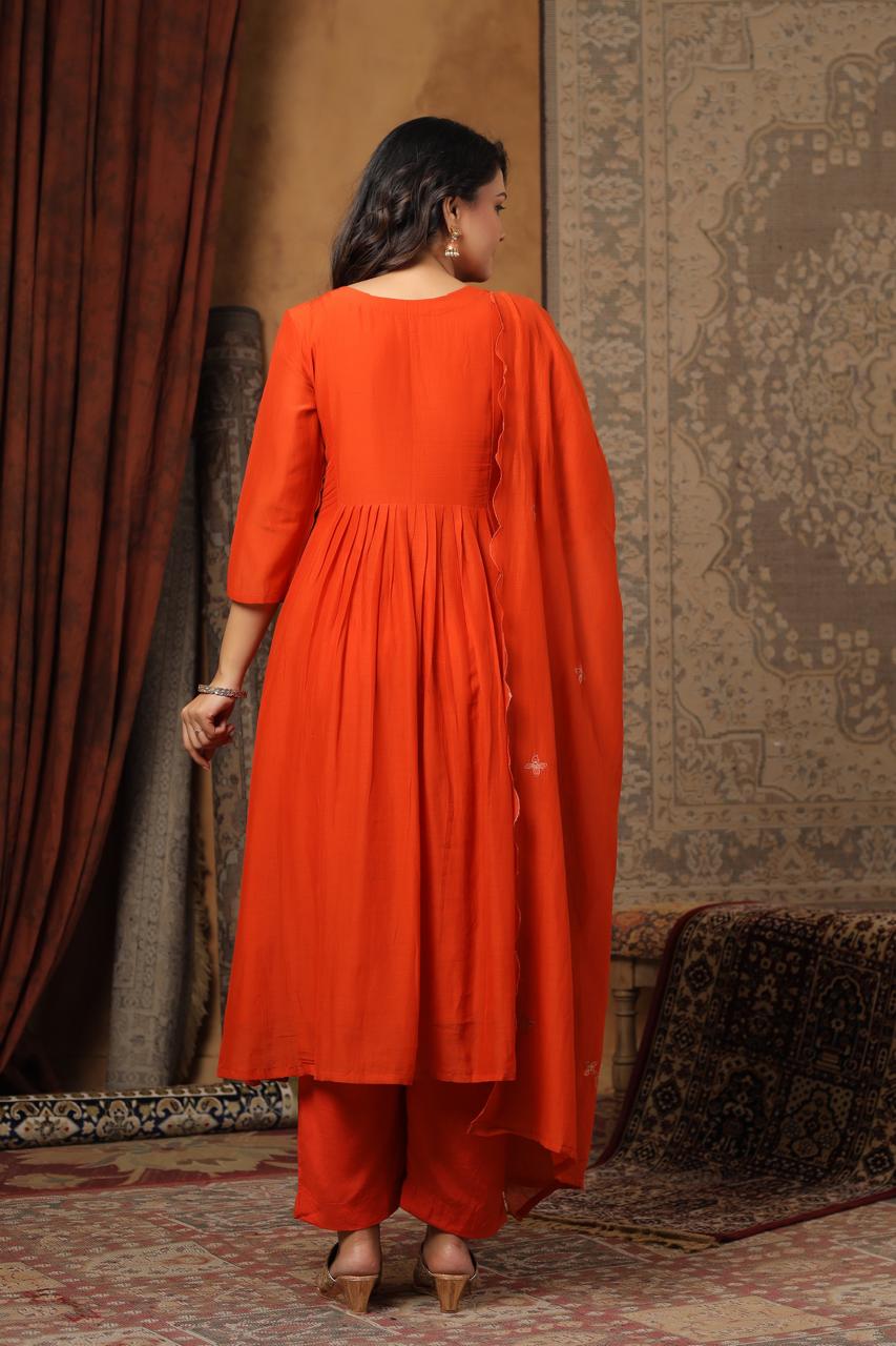Orange mul chanderi with thread work three piece set (P2013)