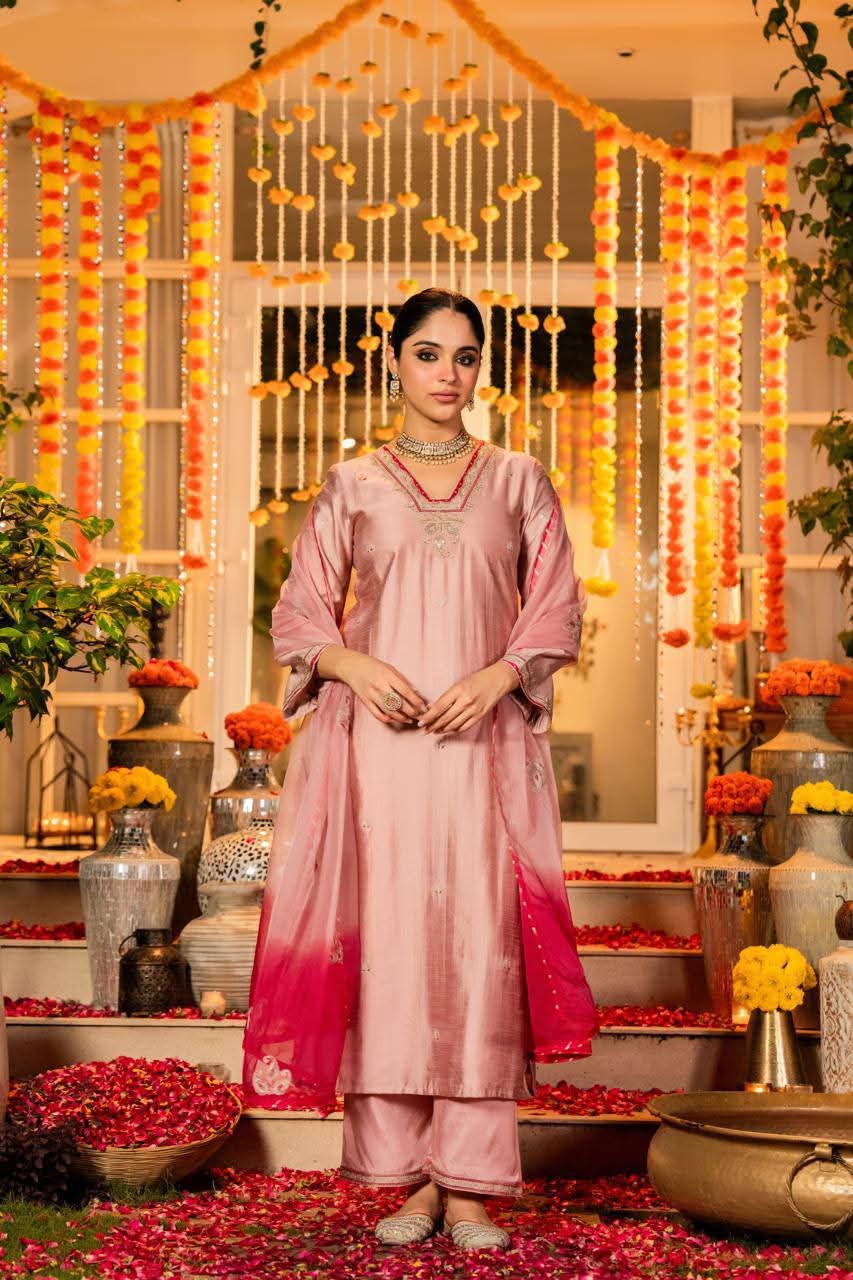 Pink pure dola silk three piece set (A1096)
