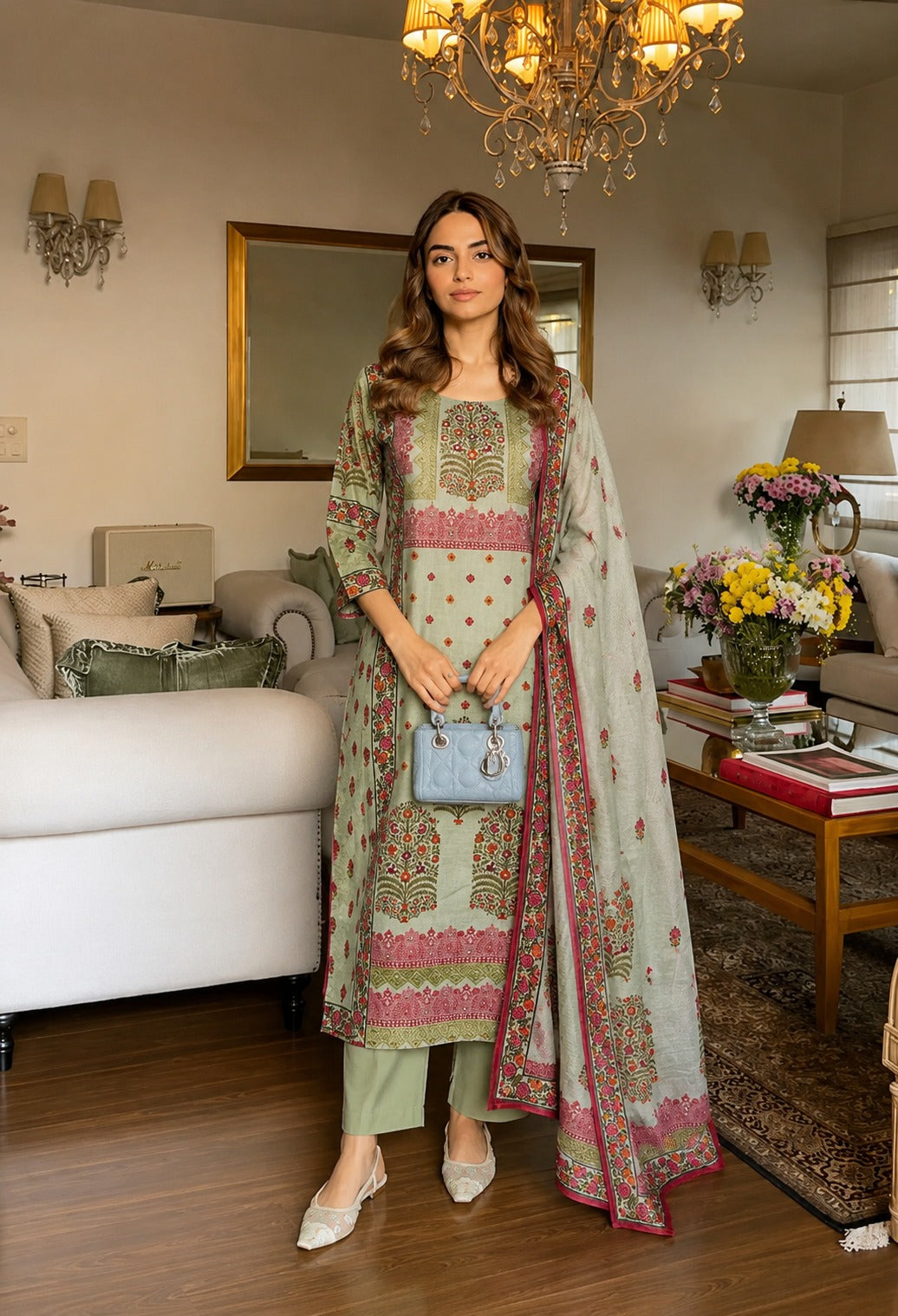 Mint green cotton linen placement print very beautiful three piece set (S147)