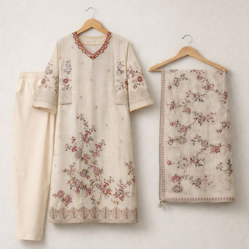 Ivory soft chanderi with full katha work mul lining three piece set (A1665)