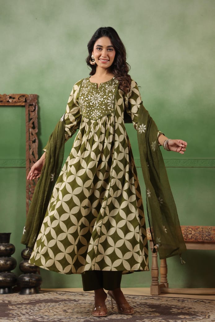 Green pure cotton designer anarkali (P1464)