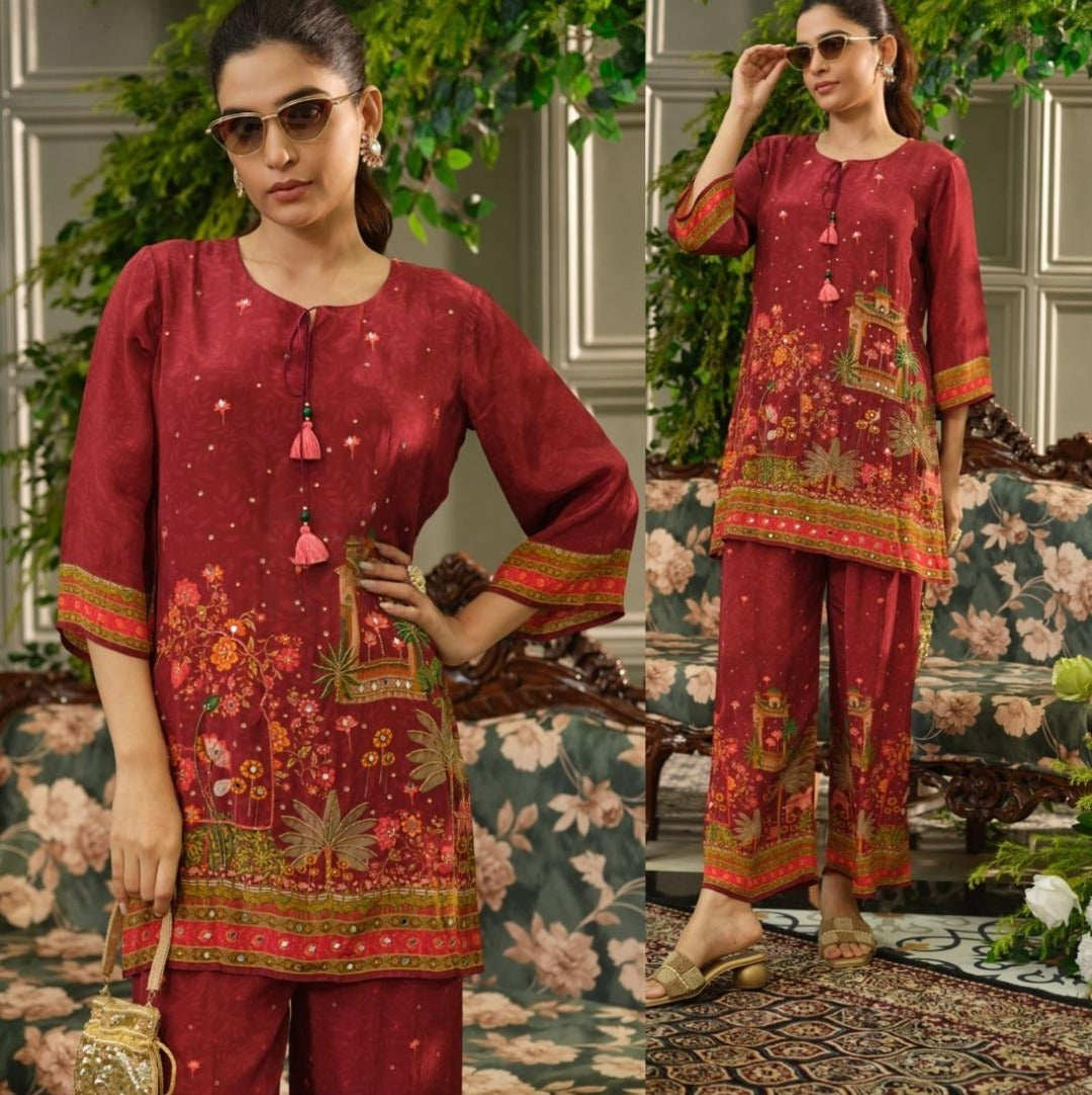 Mahroon pure crape with hand work two piece cordset (A1108)