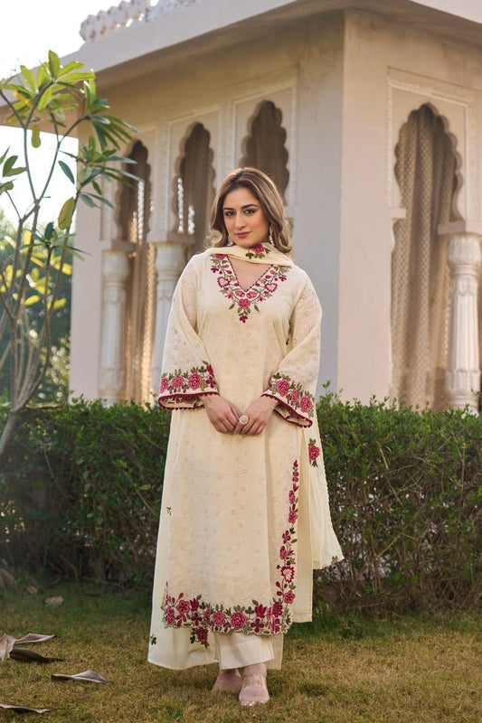 Cotton hakoba with mul lining full thread work three piece set (B877)