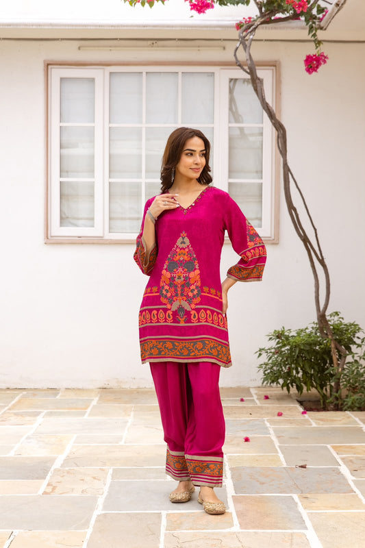 Pure crape bright pink with farshi salwar smart two piece cordset (S381)