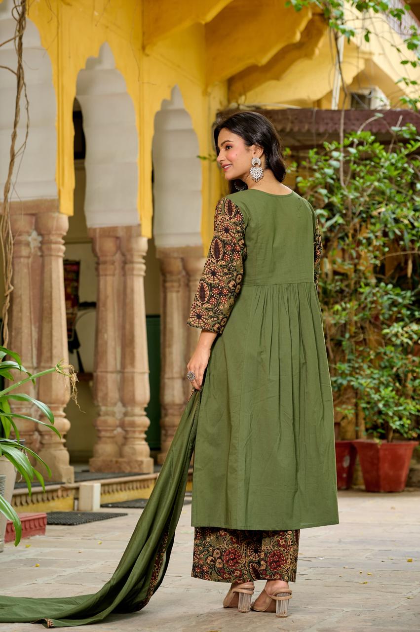 Olive green pure cotton kalamkari three piece set (A398)