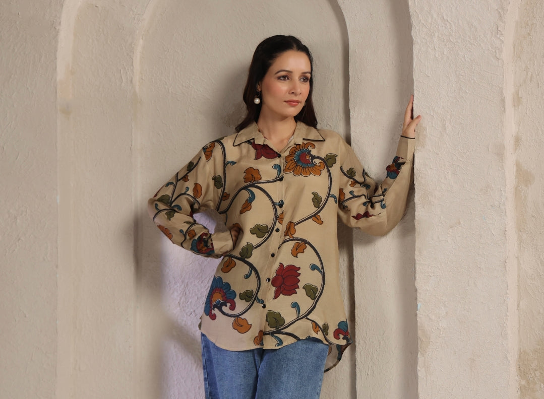 Ivory kalamkari shirt low high pattern (A961)