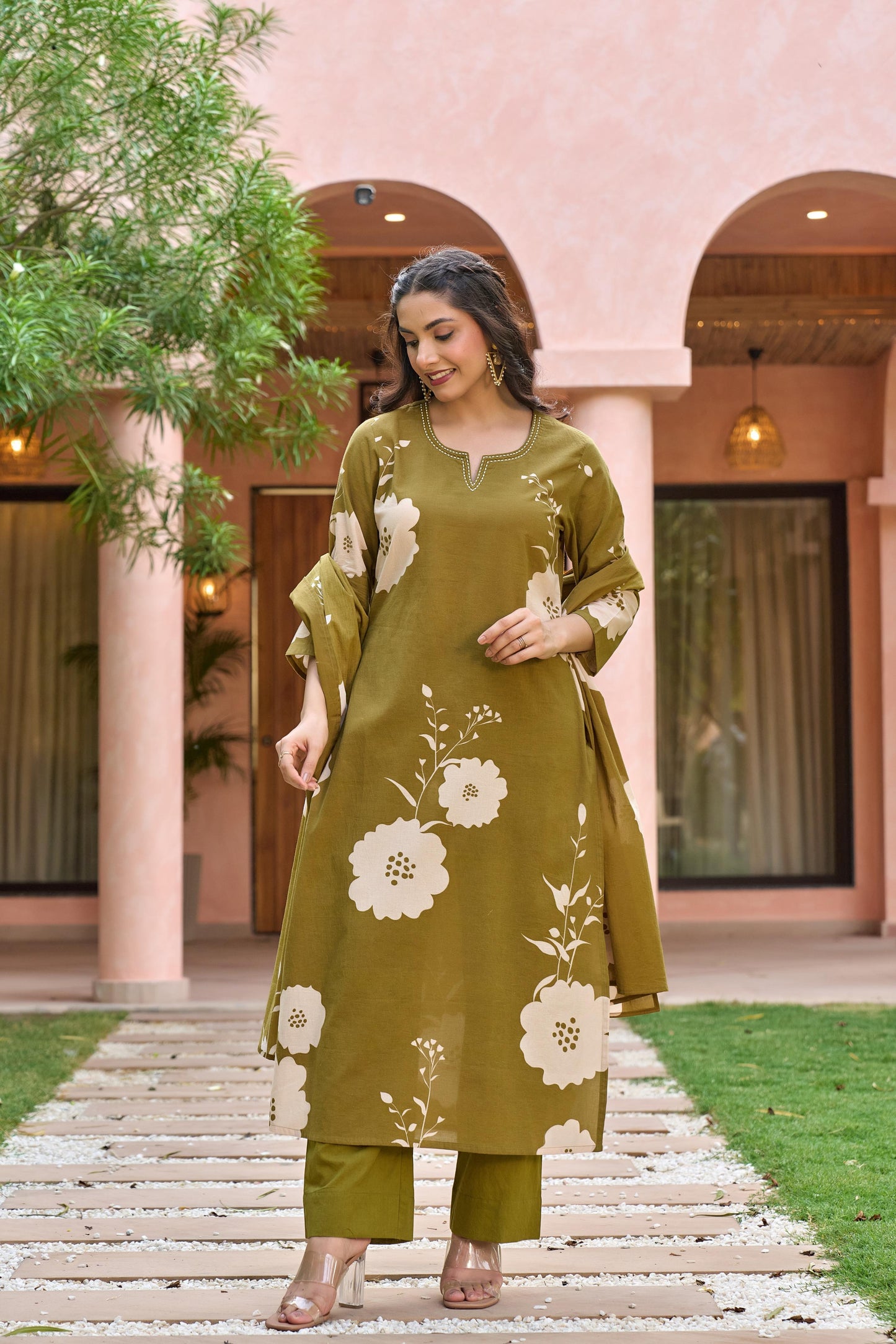 Green pure cotton digital print three piece set (A438)