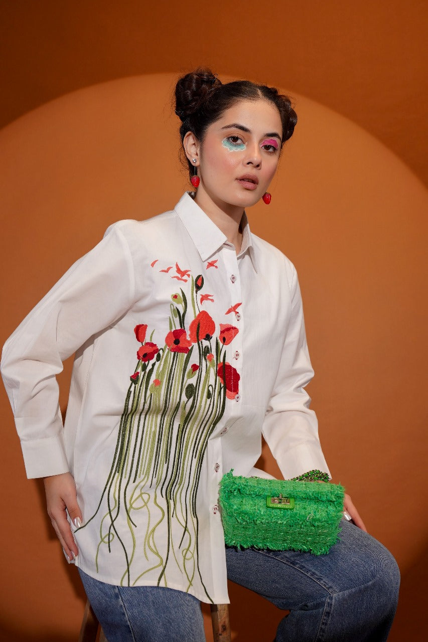 Pure cotton white shirt with fully thread work (P2183)