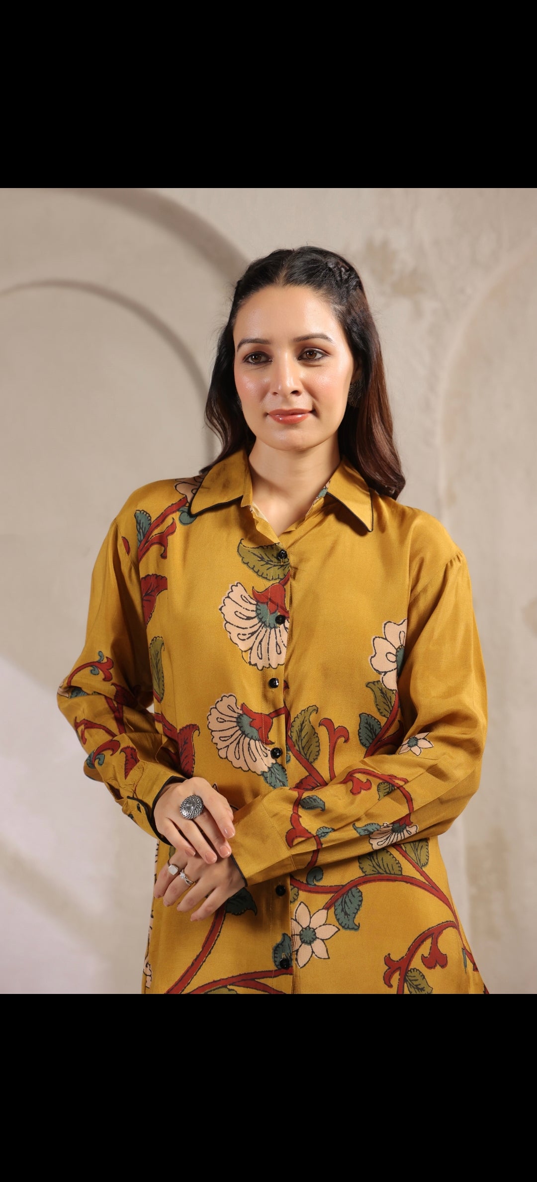 Mustred kalamkari shirt low high pattern (A960)