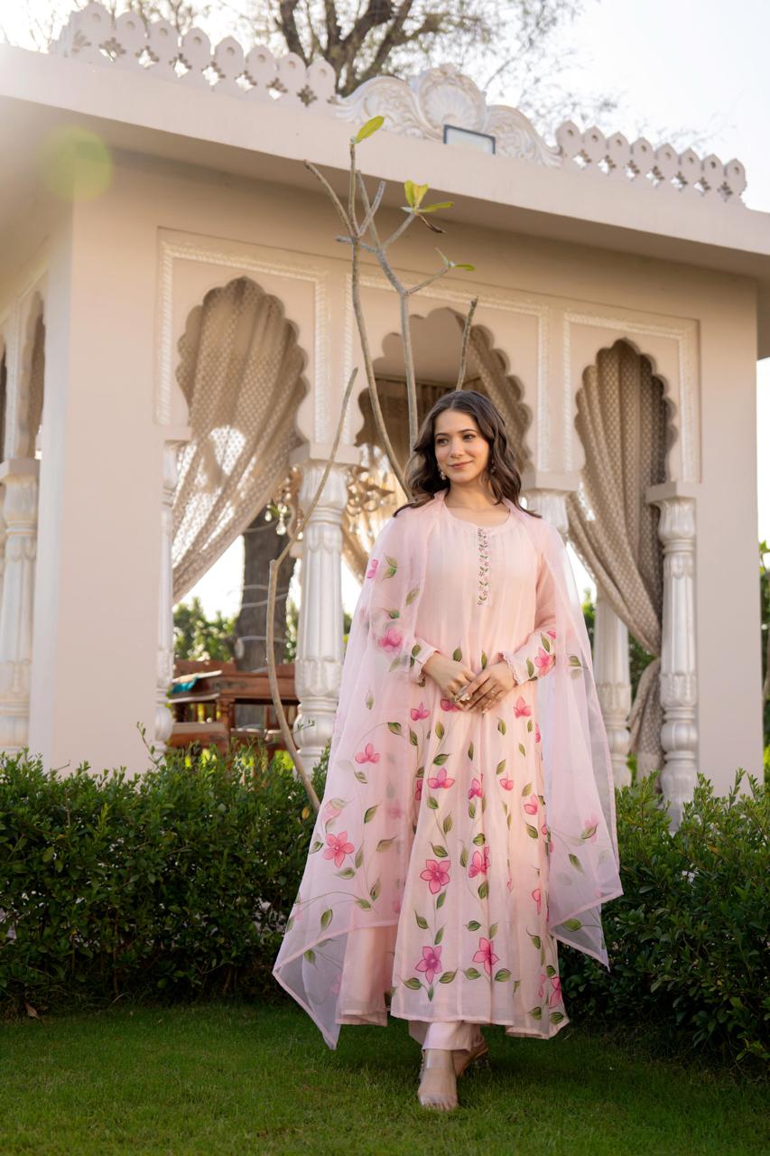 Pink pure mul chanderi flared anarkali with full brush paint three piece set (P2111)