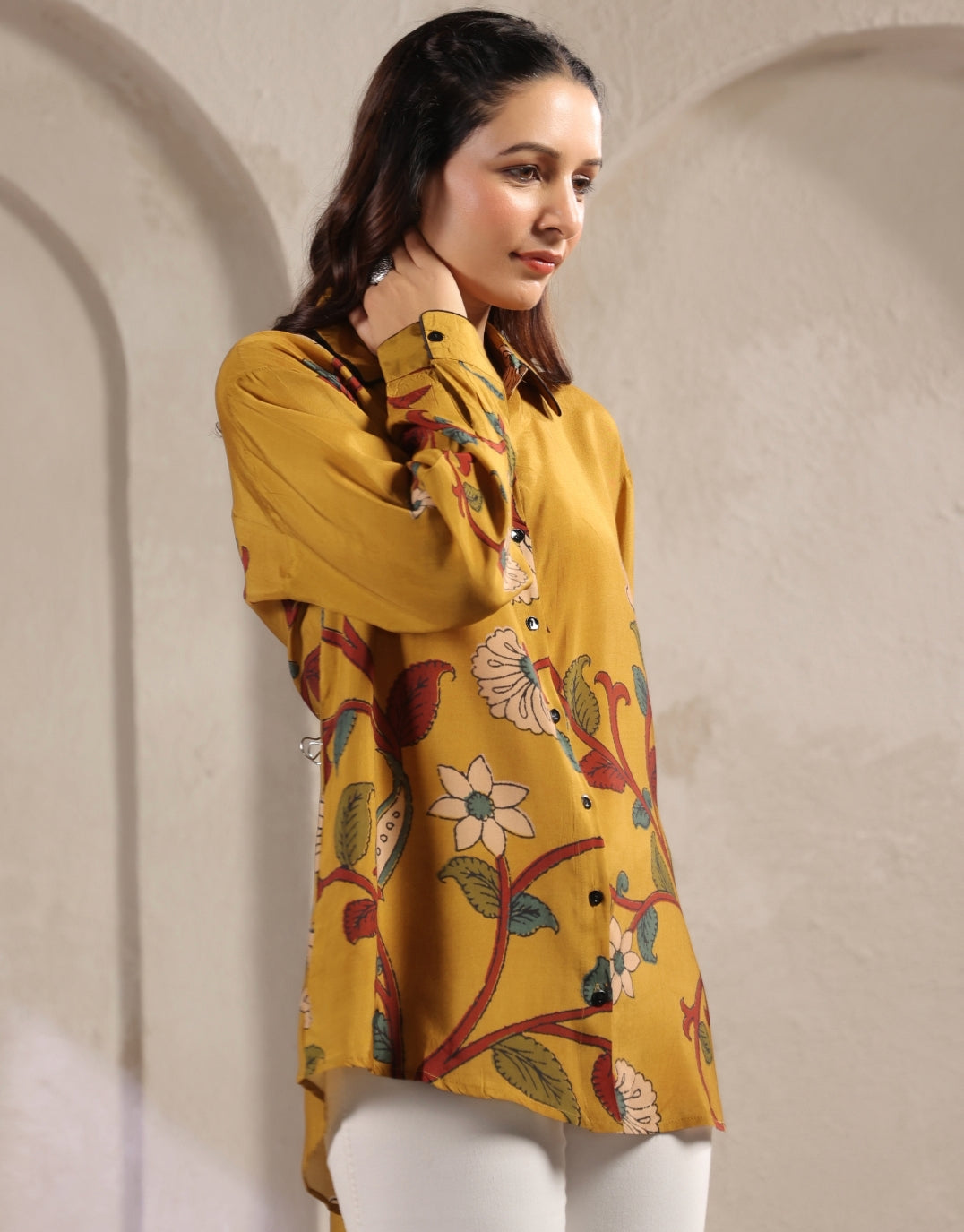 Mustred kalamkari shirt low high pattern (A960)
