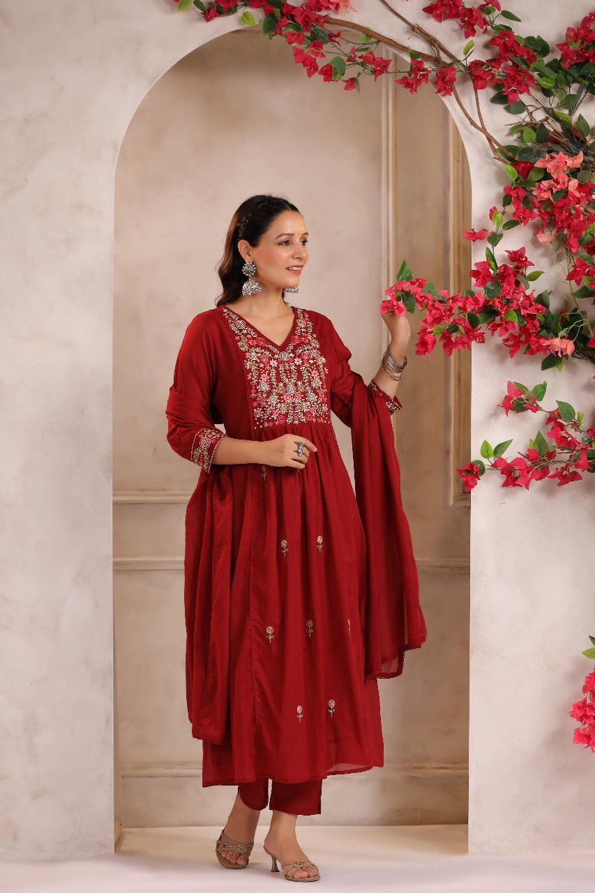 Mahroon mul cotton with lining full thread work three piece set (A433)