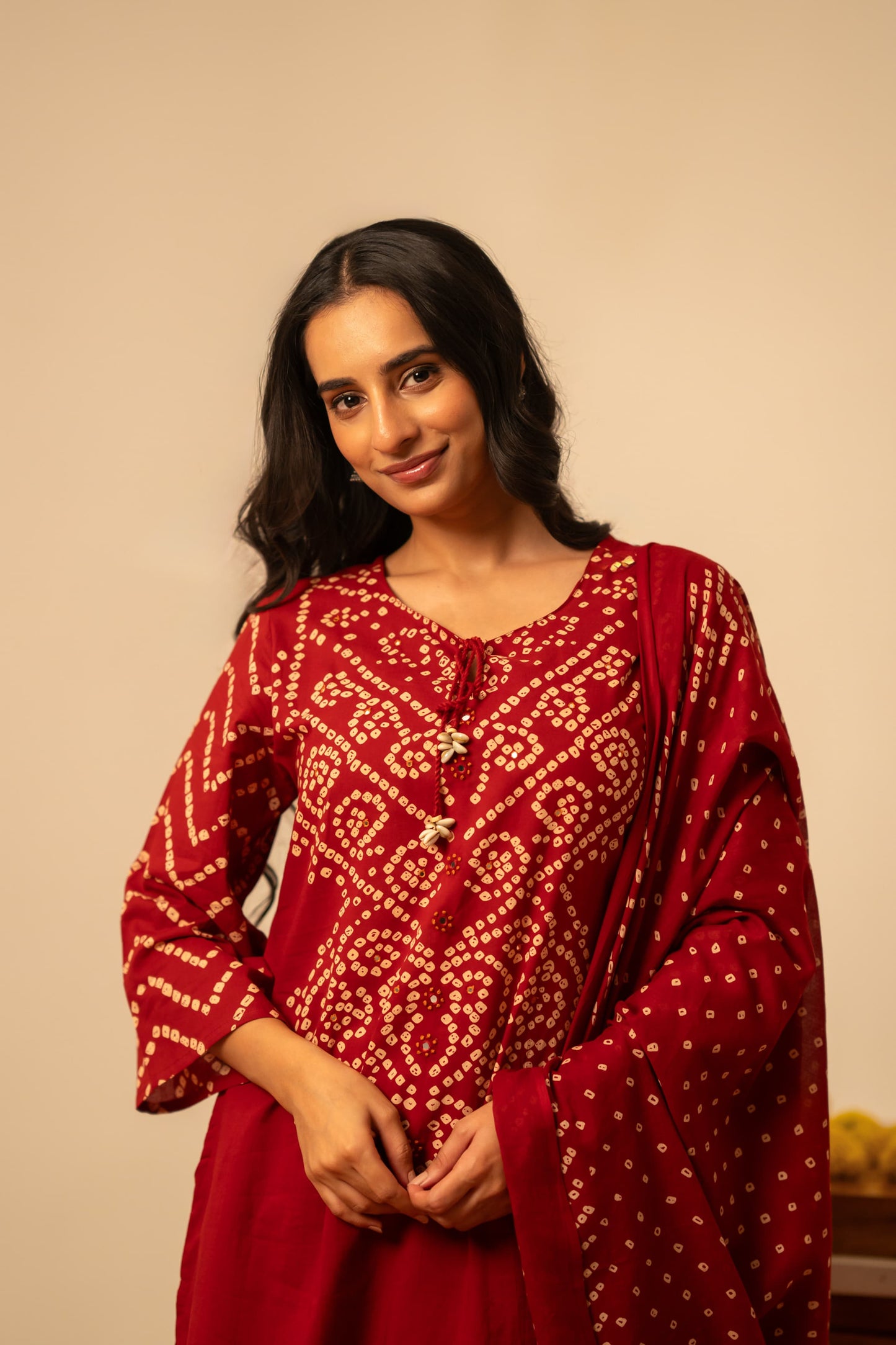 Mahroon bandani pure cotton three piece set (A1094)