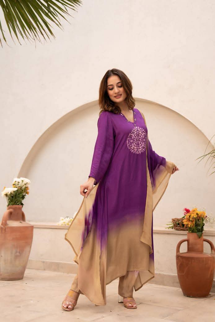 Purple Pure mul silk shaded suit with real mirror work (A426)