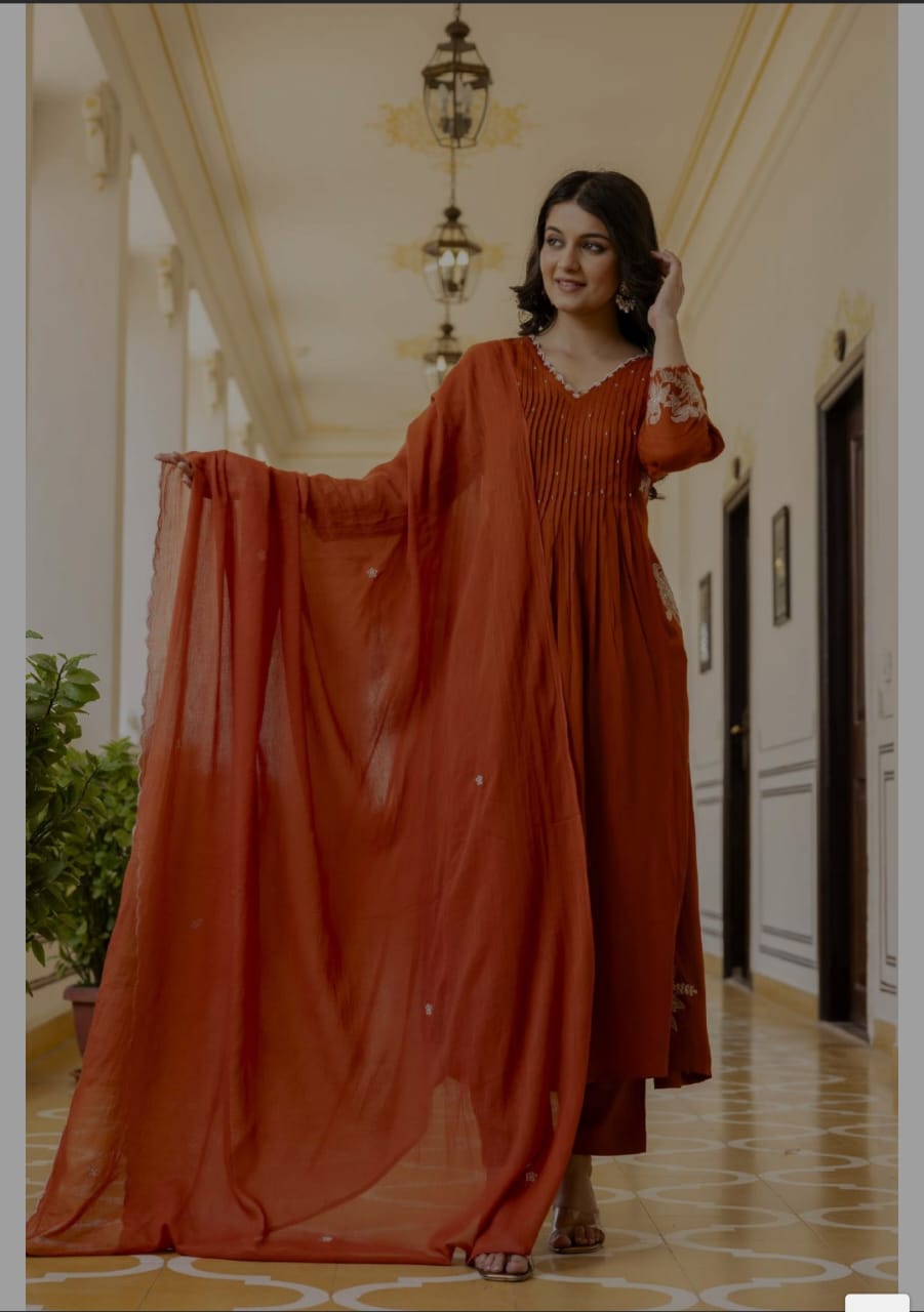 Bright orange thread work heavy cotton rayon three set(P2071)