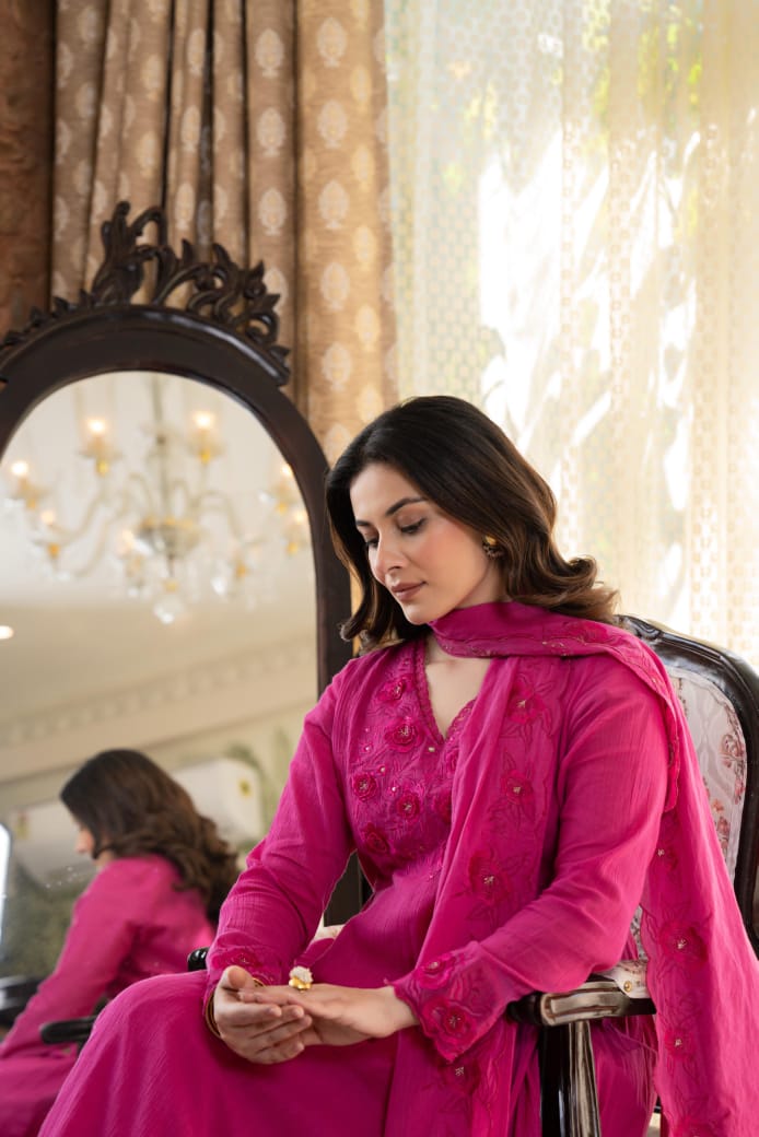 Bright pink crush cotton full thread work three piece set (P2046)