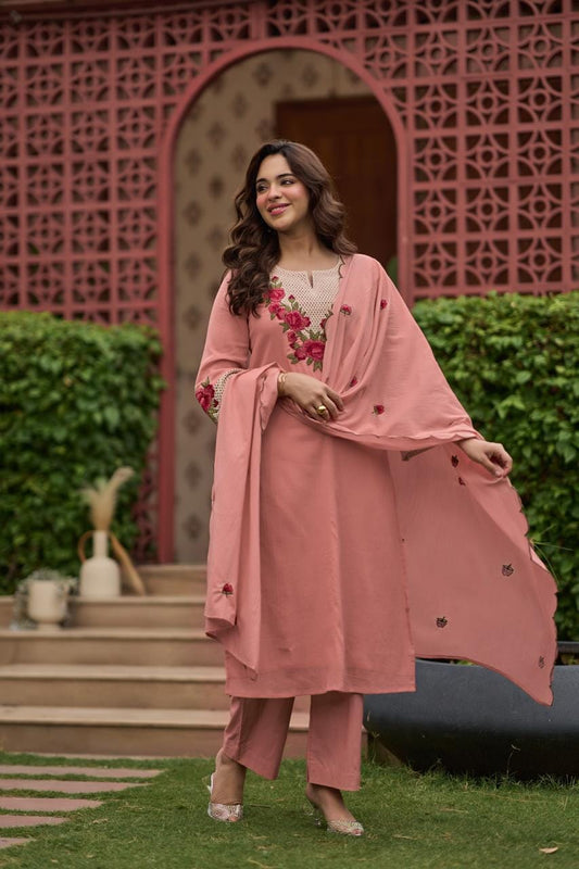 Crush cotton fully thread work three piece set (C271)