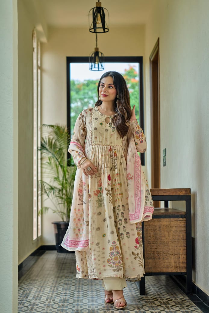 Off white oraganza with banarasi buti designer three piece set (A408)
