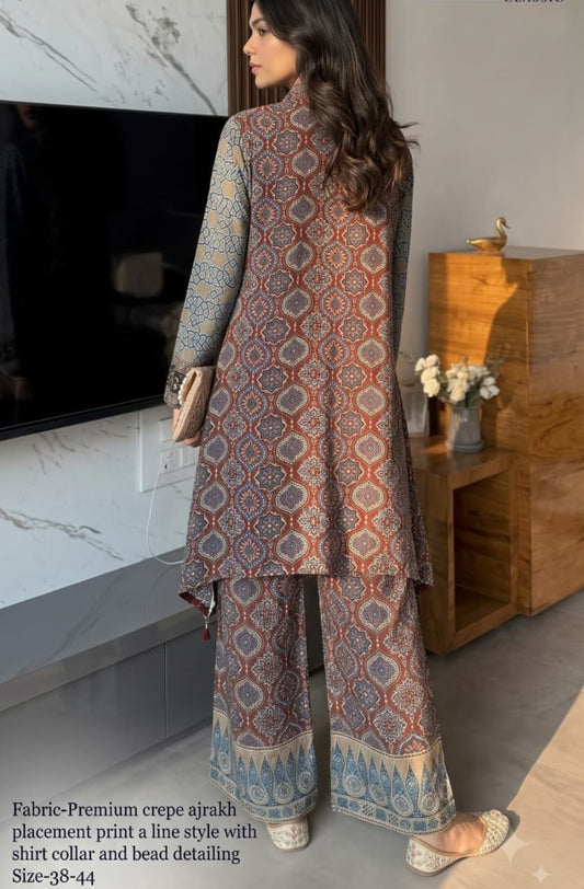 Natural crape Ajrakh print smart two piece cordset (S283)
