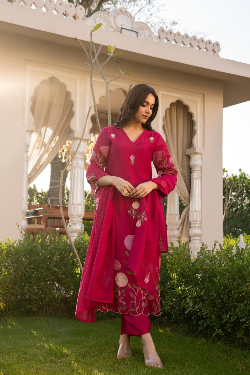 Wine pure mul chanderi with mul lining full thread work pakistani sleeves three piece set (P2164)